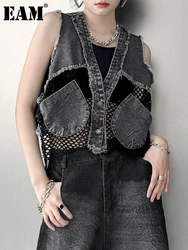 [EAM] Women Denim Hollow Out Splice Big Size Short Vest New V-collar Sleeveless Looe Fit Fashion Tide Spring Autumn 2024 1DH4345