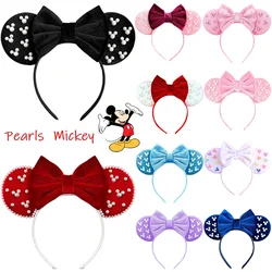 Disney White Pearls Mickey Ears Hair Accessories for Girls Solid Color Soft Cotton Bow Headbands Women Minnie Mouse Hairband Kid
