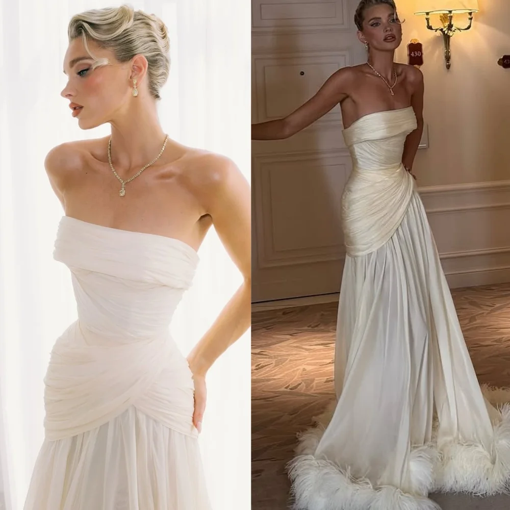 Customized Luxury White Strapless Sleeveless Evening Dress High Quality Chiffon Prom Dresses Delicate Feathers Party Gowns