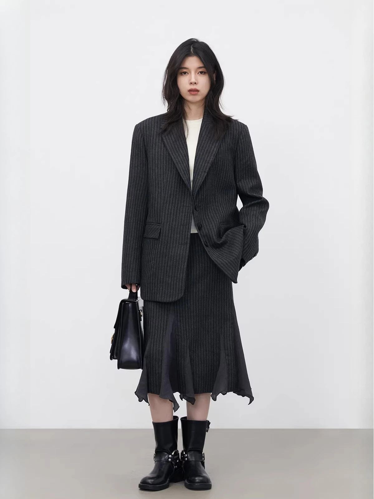 CHIC VEN Fashion Women Woolen Blazer Coat Loose Casual Office Ladies Suit Jacket Striped Fish Tail Skirt Set Autumn Winter 2026 view 4