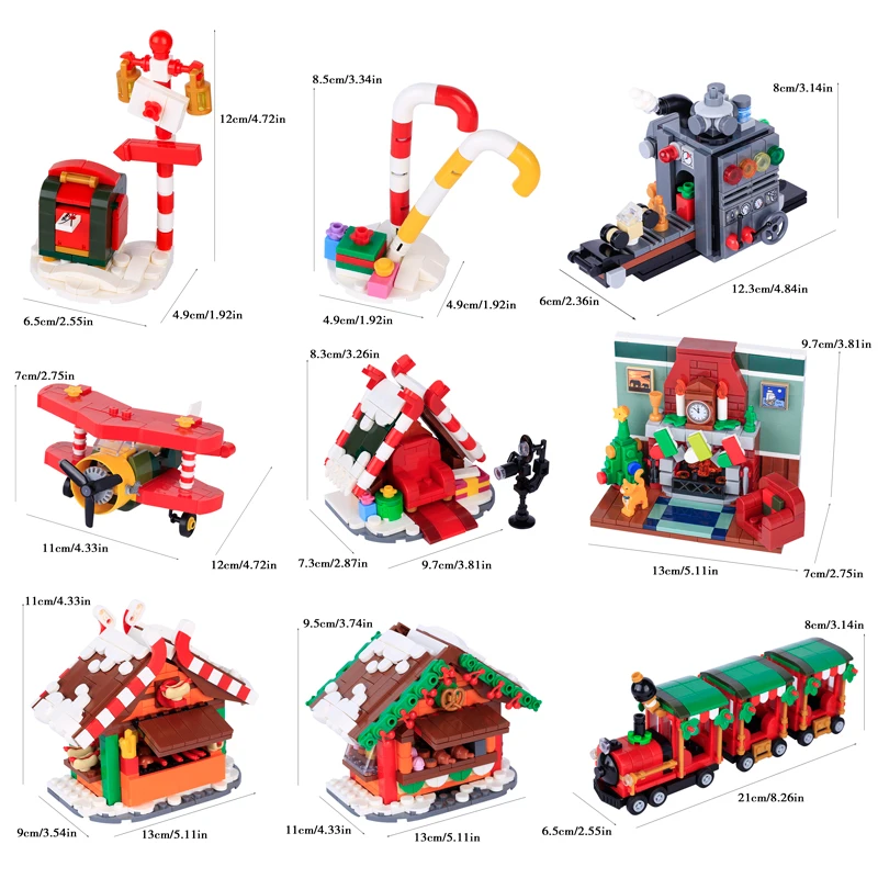 MOC 도시 장면 액세서리 빌딩 블록 스노우 하우스 캔디 케인, 크리스마스 기차 벽난로 오두막 우편함, DIY 벽돌 장난감 선물