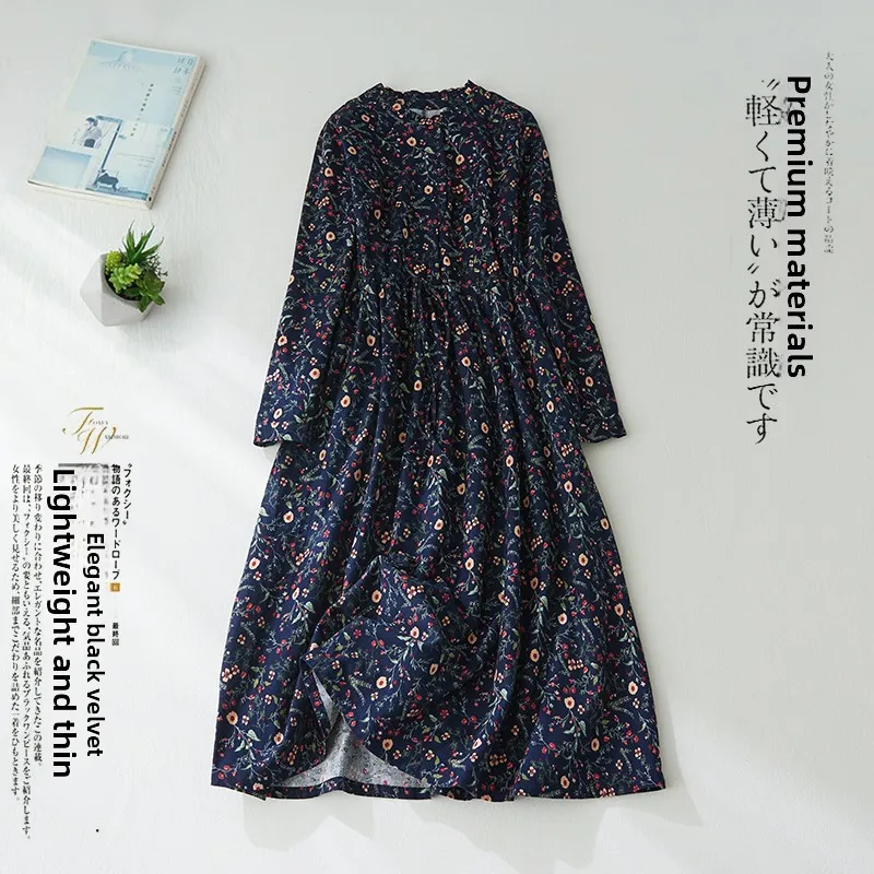 Loose Long Sleeve Long Dress Ethnic Style Retro Artistic Small Floral Print Base Layer Outerwear Cotton A-Line Skirt