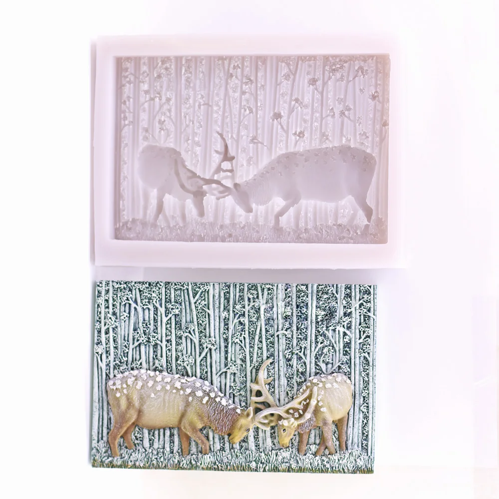Forest Elk Embossed Silicone Mold for Fondant Animal Tree Trunk Sugarcraft Chocolate Cake Decorating Tool DIY Resin Clay