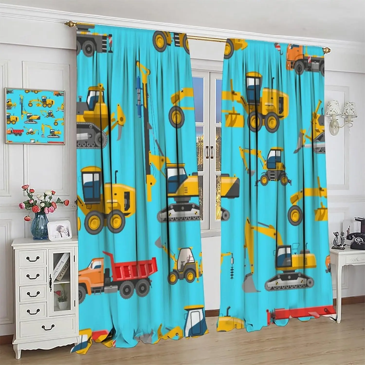 Kids Construction Truck Curtain, Excavator Vehicle Tractor Cars Rod Pocket Blackout Window Treatment Curtain for Kids Boys