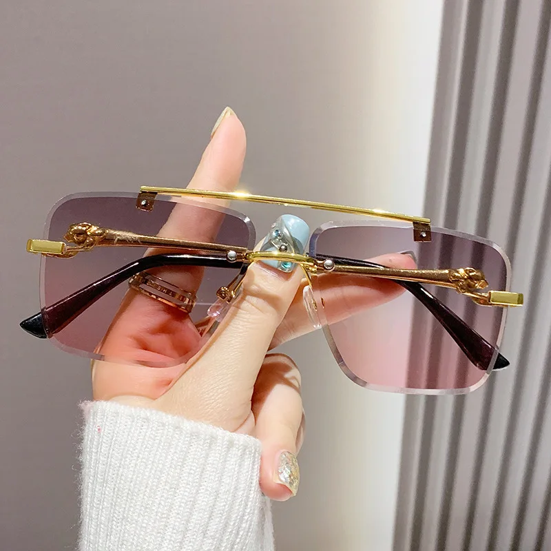 Rimless Square Pilot Sunglasses Women For Men Fashion Vintage Luxury Brand Designer Sun Glasses Punk Metal Gold Leopard Shades image 3