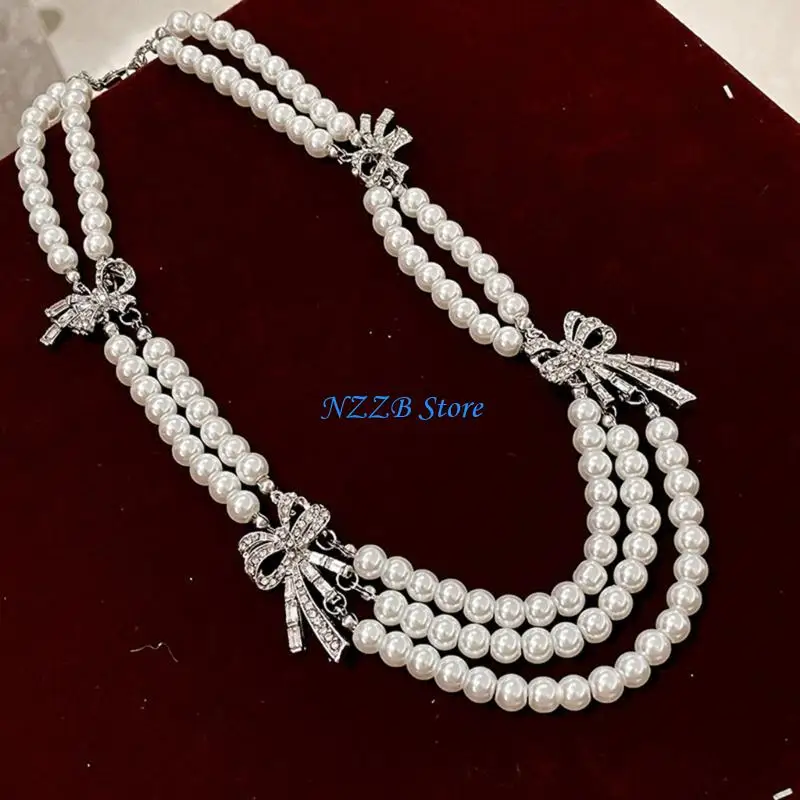 

T21F Elegant Layered Necklace with Faux Pearls and Bowknot Fashionable Women Jewelry