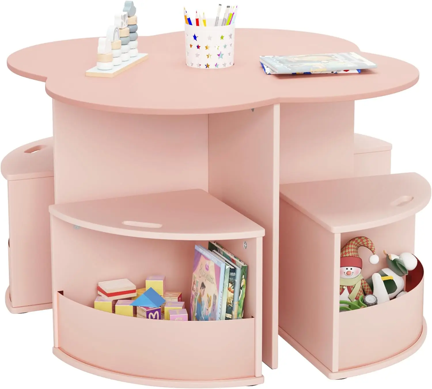 Toddler Table and Chair Set with 4 Storage Stools Flower Shaped Nesting Design Table with Free Built-in Pen Holder