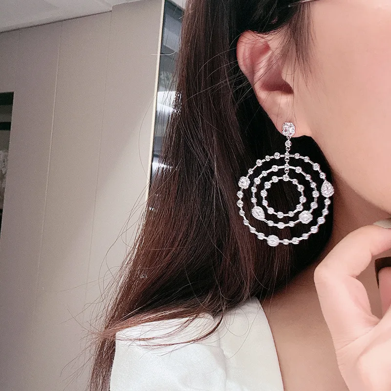 Big Multi Ring Drop Earrings Multi Round Cubic Zirconia Sparkling Long Dangling Earrings For Ladies