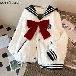 Winter Clothing Korean Oversized Coat Women Clothing Sweet Sailor Collar Bow Oversized Outwear Fashion Thicked Warm Y2k Coat