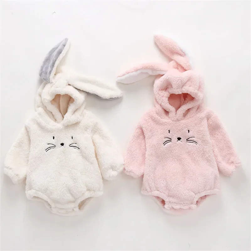 Rabbit Ear Long Sleeve Girl Thick Warm Cartoon Jumpsuit Clothes Winter Autumn Romper Newborn Infant Toddler Baby Boy Body Suits