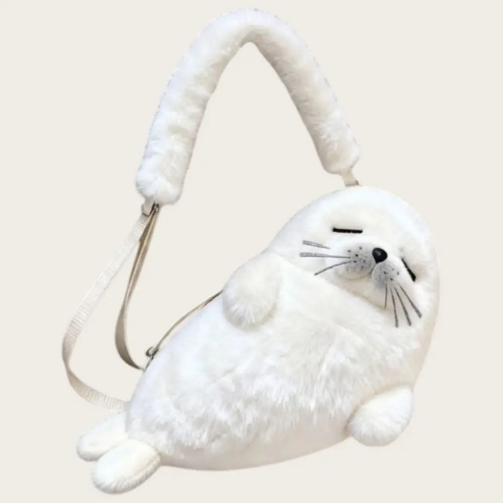 Soft Fluffy Cute Seal Shoulder Bag Cartoon Lightweight Crossbody Bag Adjustable Straps Plush Fabric Handbag Women's Accessories
