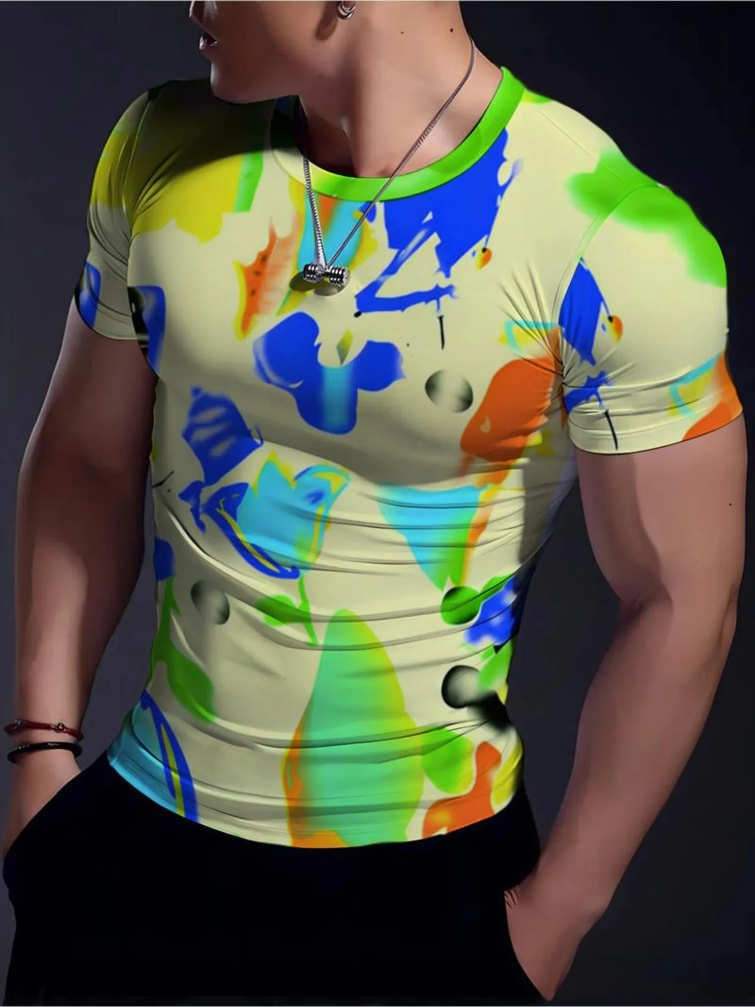 Men Sports Short Sleeve T-Shirt Quick Dry High Elastic Color Splash Abstract Print Breathable Slim Fit Training Top