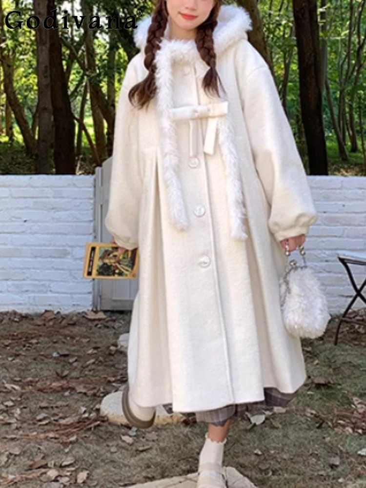 

Autumn Winter New Sweet Women White Long Sleeve Hooded Loose Beautiful Woolen Coat Cute Bow Fashion Versatile Loose Fairy Coats