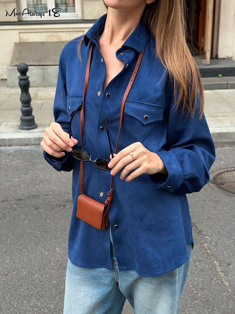 Mnealways18 Drop Shoulder Blue Fashion Women Shirts Coats Turn Down Dollar Oversize Outerwear Fall Winter 2024 Lady Street Style