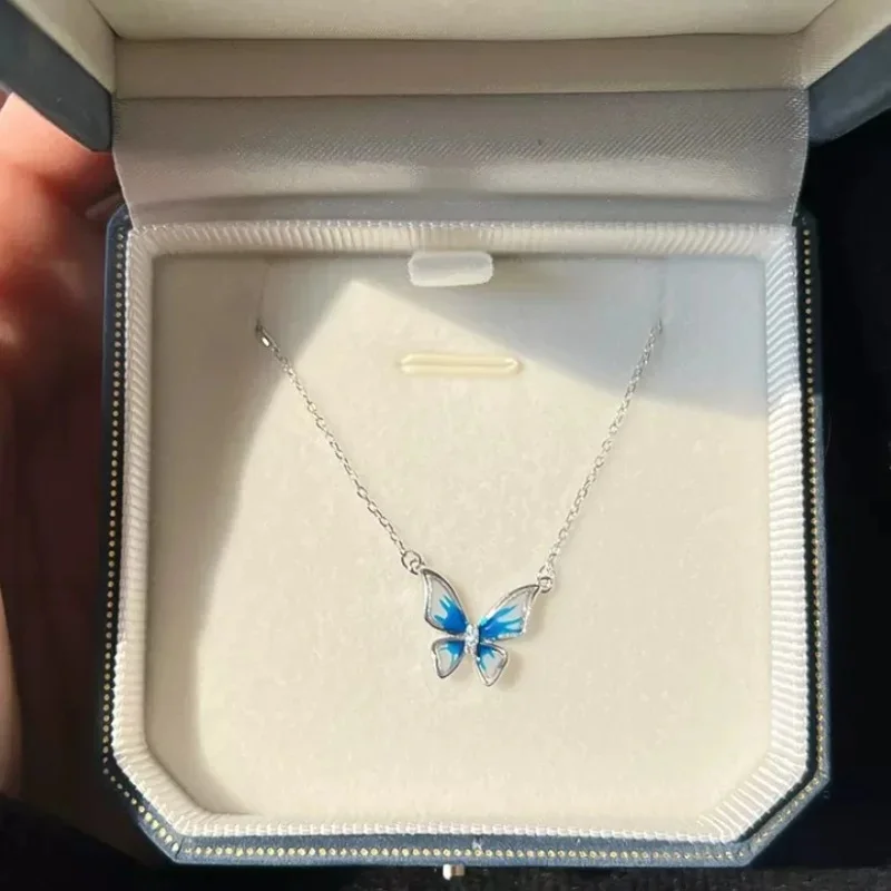 Gradient Blue White Enamel Butterfly Pendant Necklace CZ Dainty Oval Cable Chain Fairy Collar Jewelry For Women