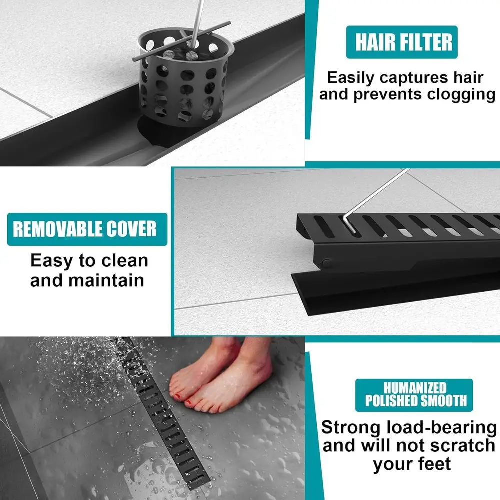 Ralo Linear para Chuveiro de 24 Polegadas com Tampa Removível de Aço Inoxidável e Acessórios, Certificado CUPC