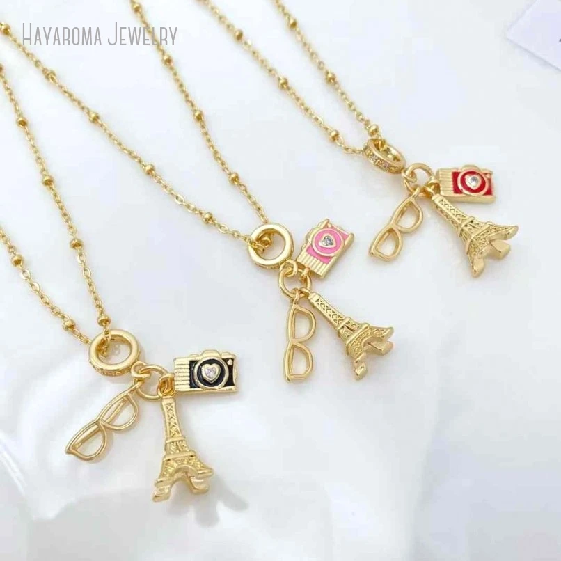 5Pcs Enamel Gold Color Metal Copper Wholesale Jewelry Graduated Camera Necklace