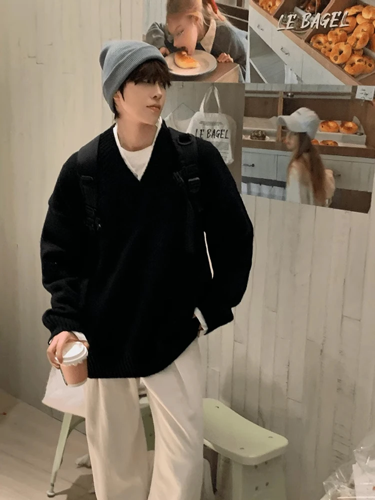 Maglione lavorato a maglia V-ne da uomo allentato Autunno Inverno Abbigliamento interno casual Strato base irt Coppia abbinata in fibra di poliestere Lunga Sve
