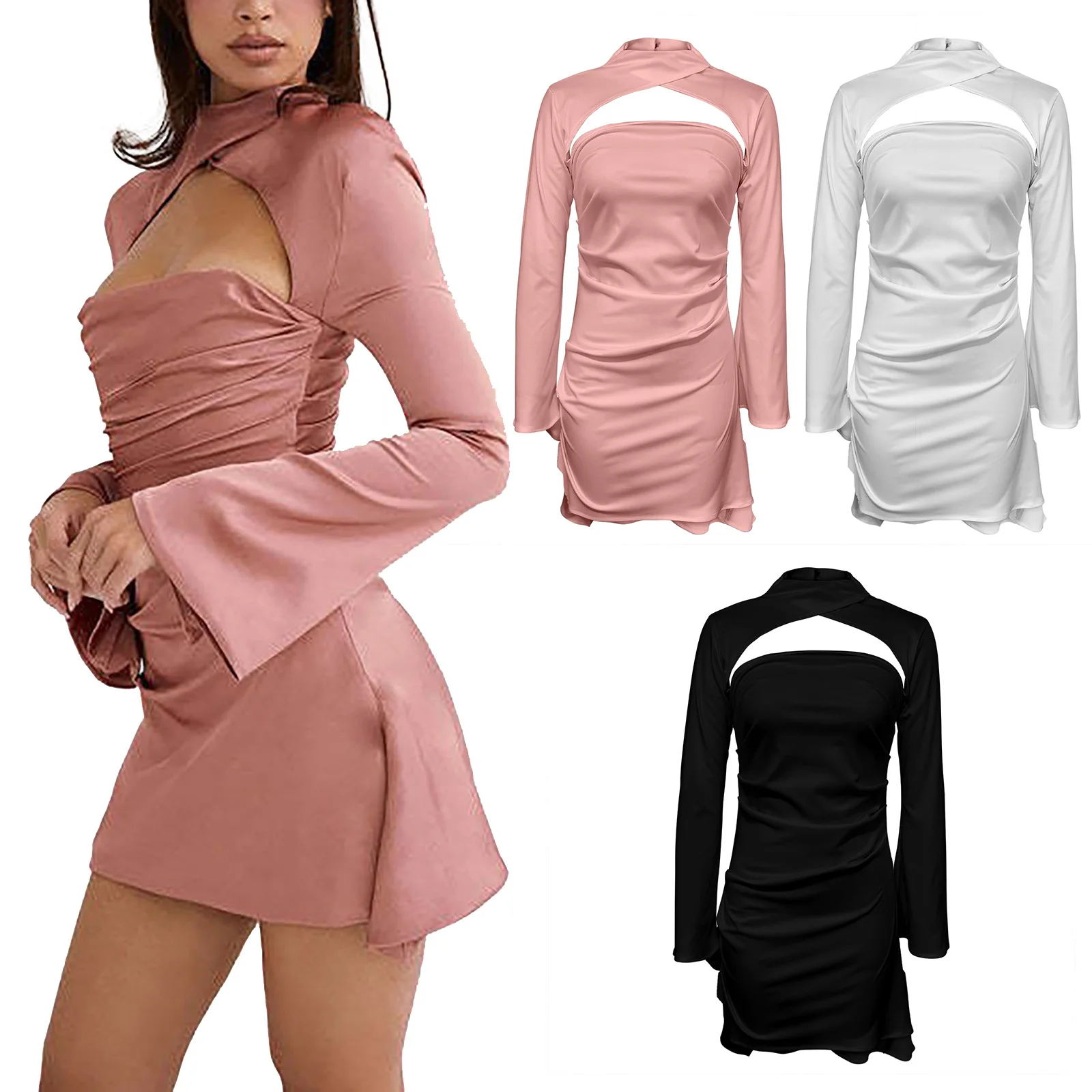 Mini vestido drapeado de manga larga para mujer, vestidos de invitados de boda de noche Sexy, vestidos de fiesta de noche de cumpleaños, negro