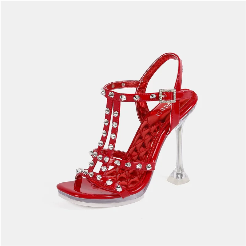 Summer new square toe patent leather rivet crystal wine glass and sandals banquet dress large size high-heeled women's shoes