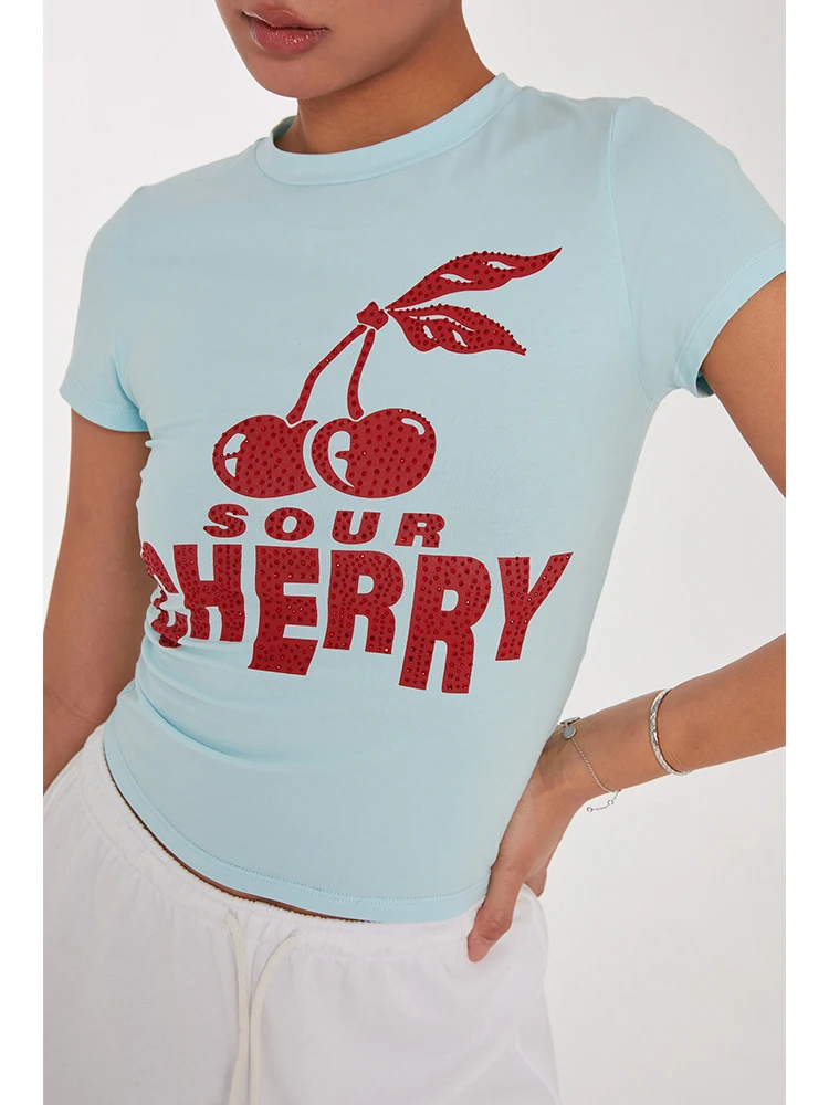 

Женская футболка DiscoGlam Slim Fit с коротким рукавом, летняя, повседневная, с принтом вишни и надписями, из хлопка и полиэстера, с круглым вырезом