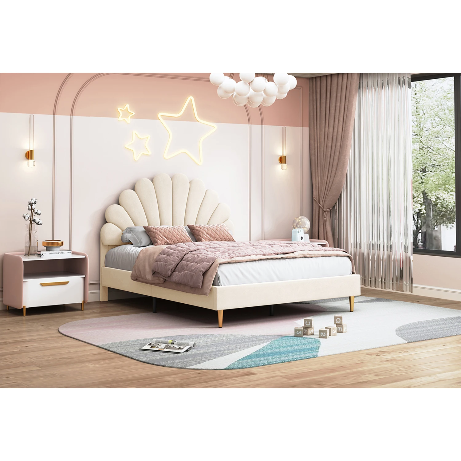 Rosahqnda Elegantes Polsterbett 140 x 200 cm, modernes Doppelbett mit blumenförmigem Kopfteil, Samtbezug, ohne Matratze