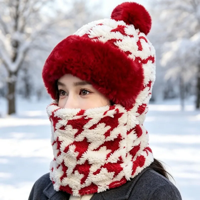 Winter Hat Scarf Integrated Women Cold Proof Plush Scarf Winter Headgear Cycling Warm Hat Mask Integrated Thermal Fleece