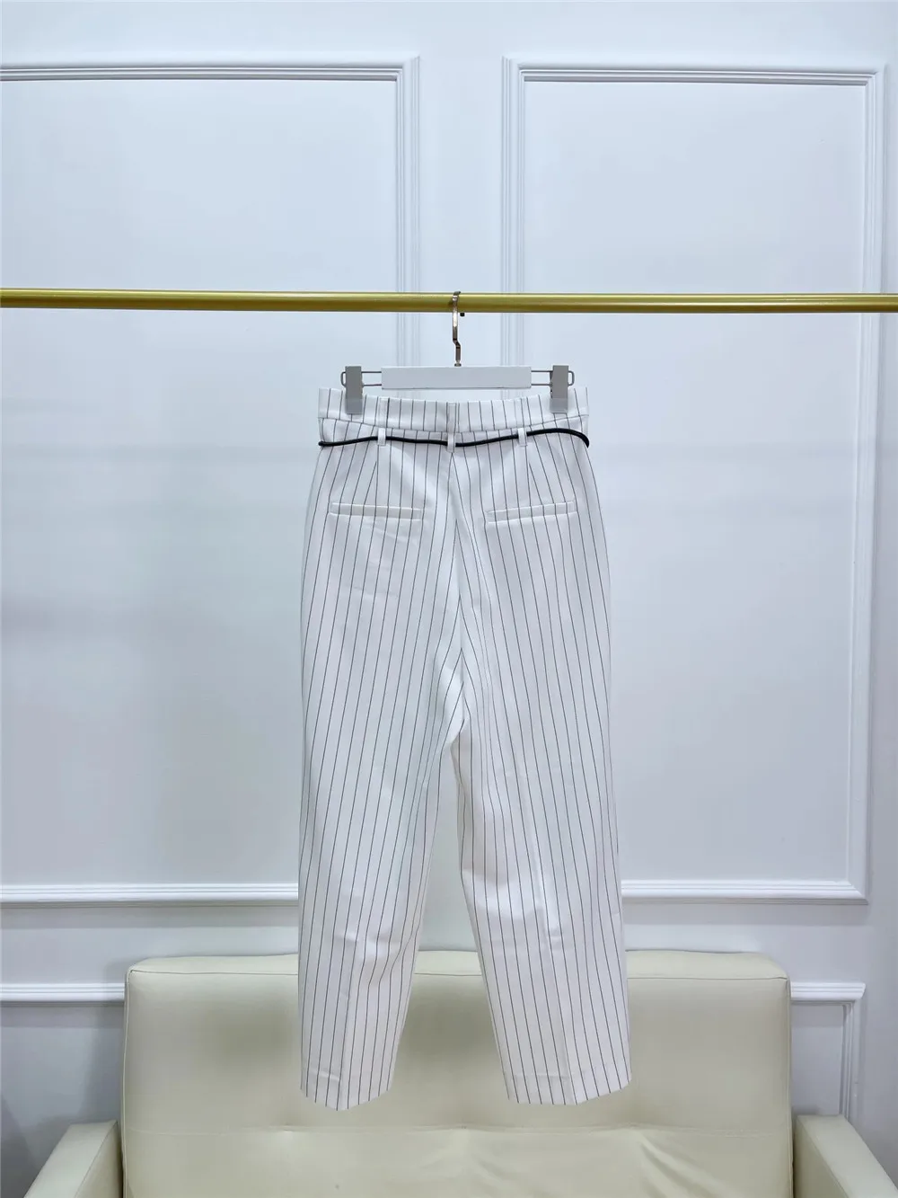 Pantalones a rayas informales para mujer, cintura alta, cinturón de temperamento fino, pantalones Harun rectos, Primavera, nuevo, 2024