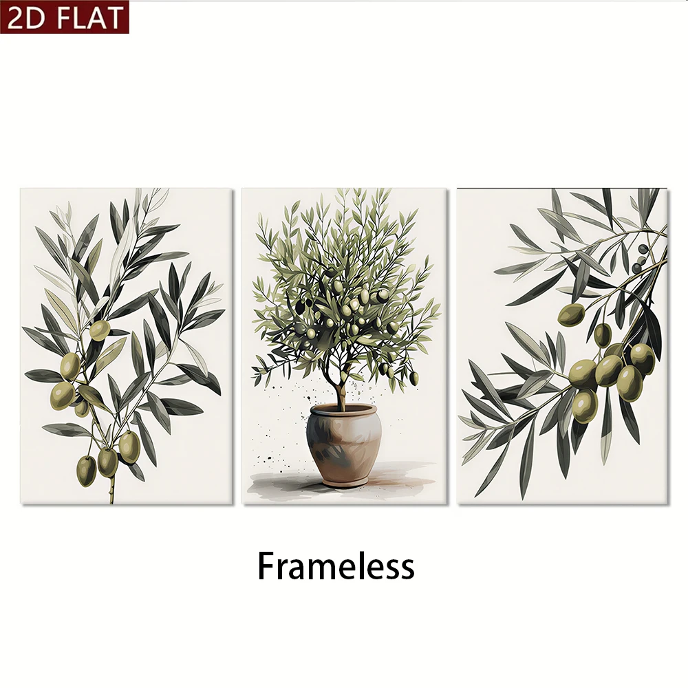 1 set of simple green plants, olive branches, triple layered living room sofa background, frameless decorative painting, 2D plan
