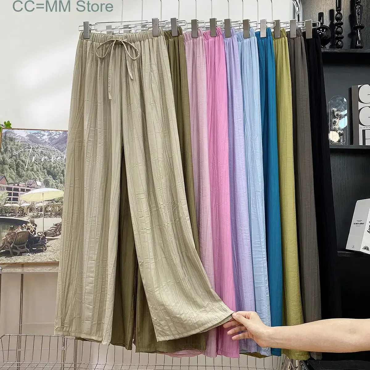 New High Waisted Pants for Women Solid Korean Fashion Drawstring Wide Leg Pants Ladies Casual Full Length Pants