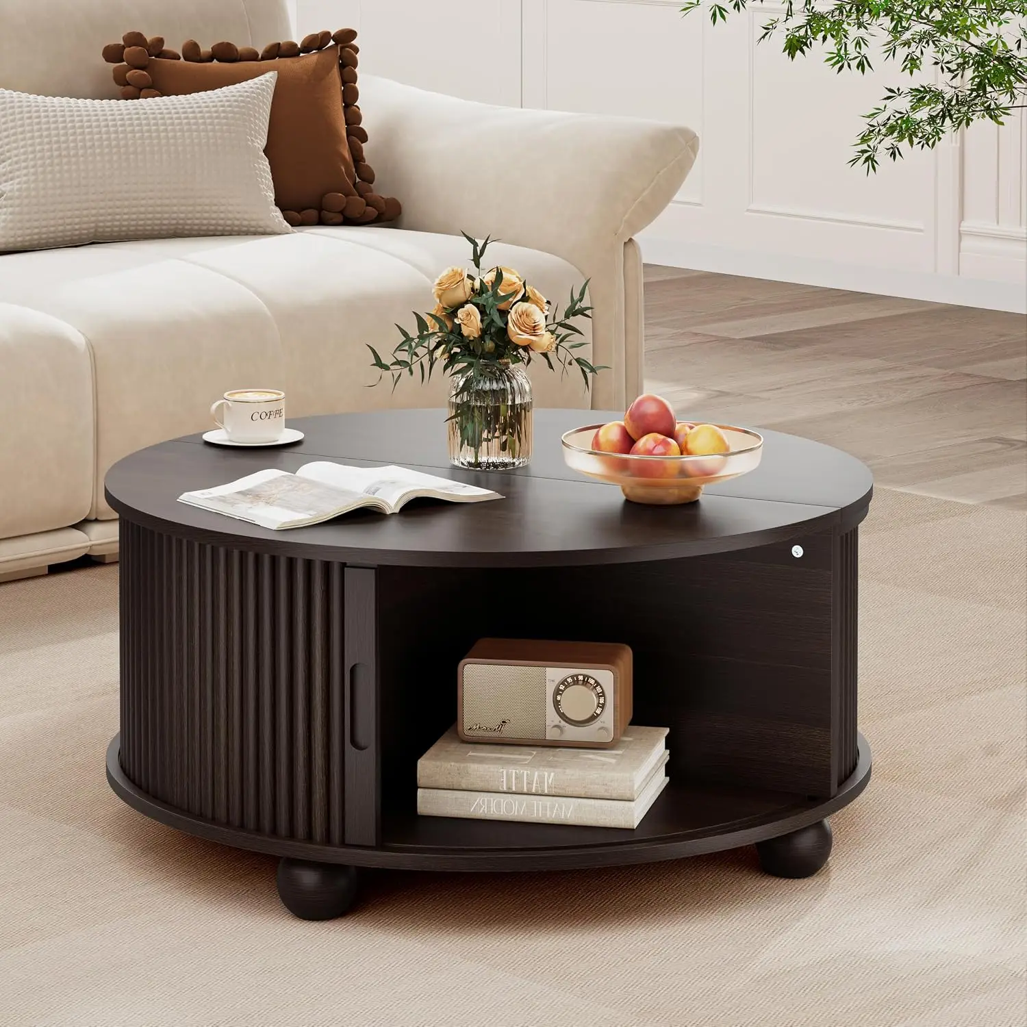 31.5 Inch Fluted Round Drum Coffee Table With Sliding Cabinet Door Storage Accent Side Table Suitable For Living Room Compact Small Apartment Space Dark Walnut Finish view 3