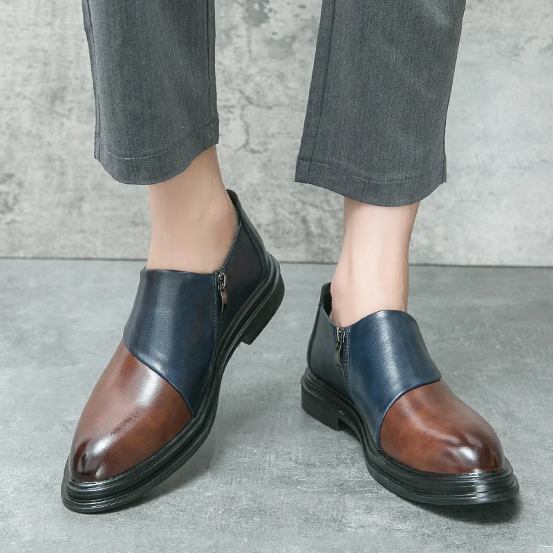 New British style men's matching color side zipper leather shoes for young men lazy foot business dress pointy men's shoes