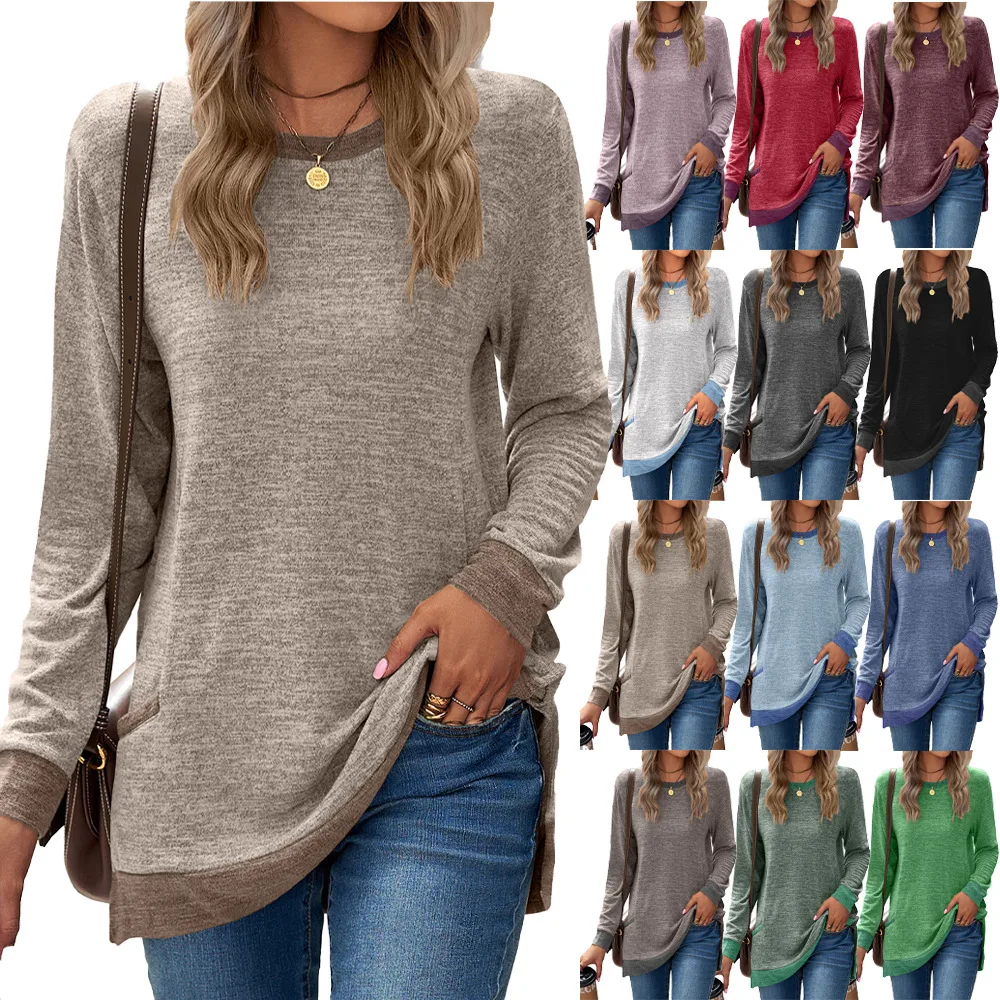 Europe and the United States women's round neck color matching pocket long-sleeved pullover top loose casual T-shirt