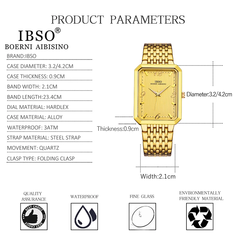 IBSO-Relógio de quartzo ultrafino masculino, estilo luxo, mostrador retangular, pulseira de aço inoxidável, relógio de pulso 3ATM impermeável