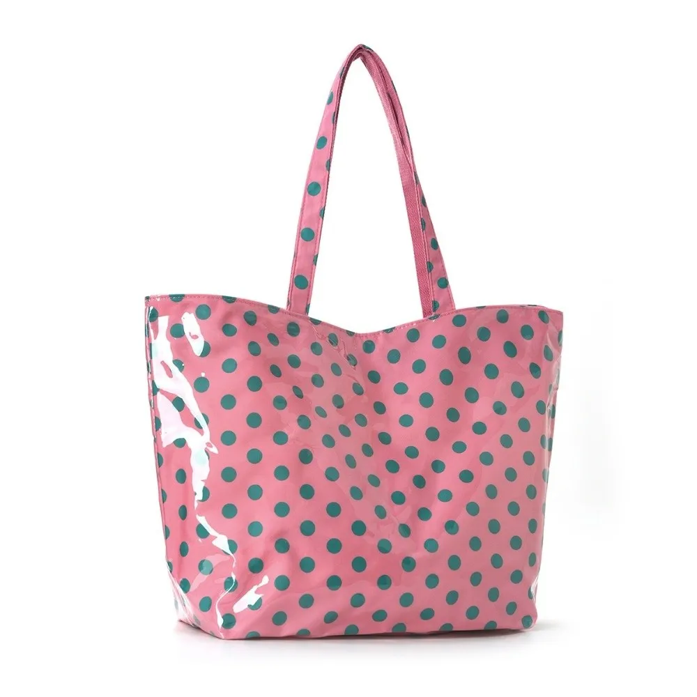 PVC Polka Dot Tote Bag Glossy Finish Waterproof PVC Tote Bag Top Handles Polka Dot Pattern Shoulder Shopping Bag Beach Outings