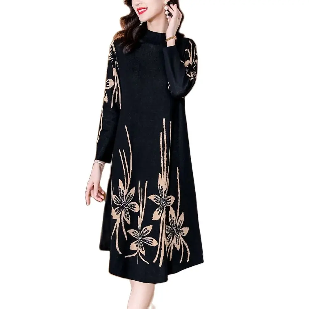 

Printed Wool Dress With Winter Coat And Skirt, High-end And Fashionable, Knee Length Warm Woolen Dress, Mother's Mid Length Bott