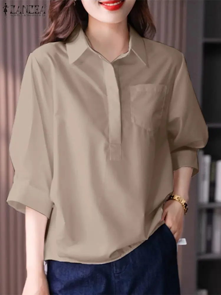 ZANZEA Elegant Women Shirt Fashion Lapel Neck OL Blouse Spring Tunic Tops Female 3/4 Sleeve Work Blusas Oversize Chemise Mujer