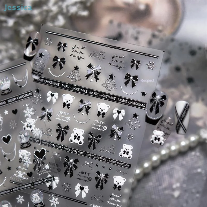 ♥ ملصقات فنية للأظافر باللونين الأسود والفضي لعيد الميلاد - شارات لامعة ثلاثية الأبعاد على شكل فيونكة/دب/ندفة الثلج لتقليم العطلات #5