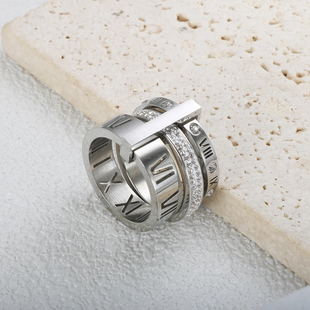 Drei Schichten Römischen Ziffern Ring für Frauen Luxus Edelstahl Drehbare Kristall Finger Ringe Weibliche Hochzeit Trendy Schmuck – Detail 12