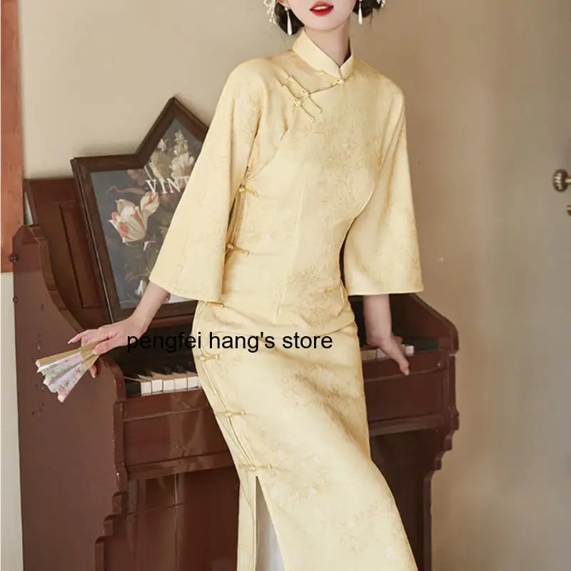 Spring Autumn Women Elegant Satin Jacquard Qipao Mandarin Collar Floral Printed Vintage Button Sexy Chinese Cheongsam Party Gown