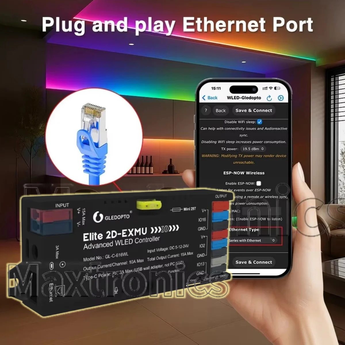 With MIC ESP32 WLED RGB RGBW LED Controlle GLEDOPTO Elite 2D EXMU Advanced GL-C-616WL 20A Fuse DIY Dynamic Light WS2811 SK6812