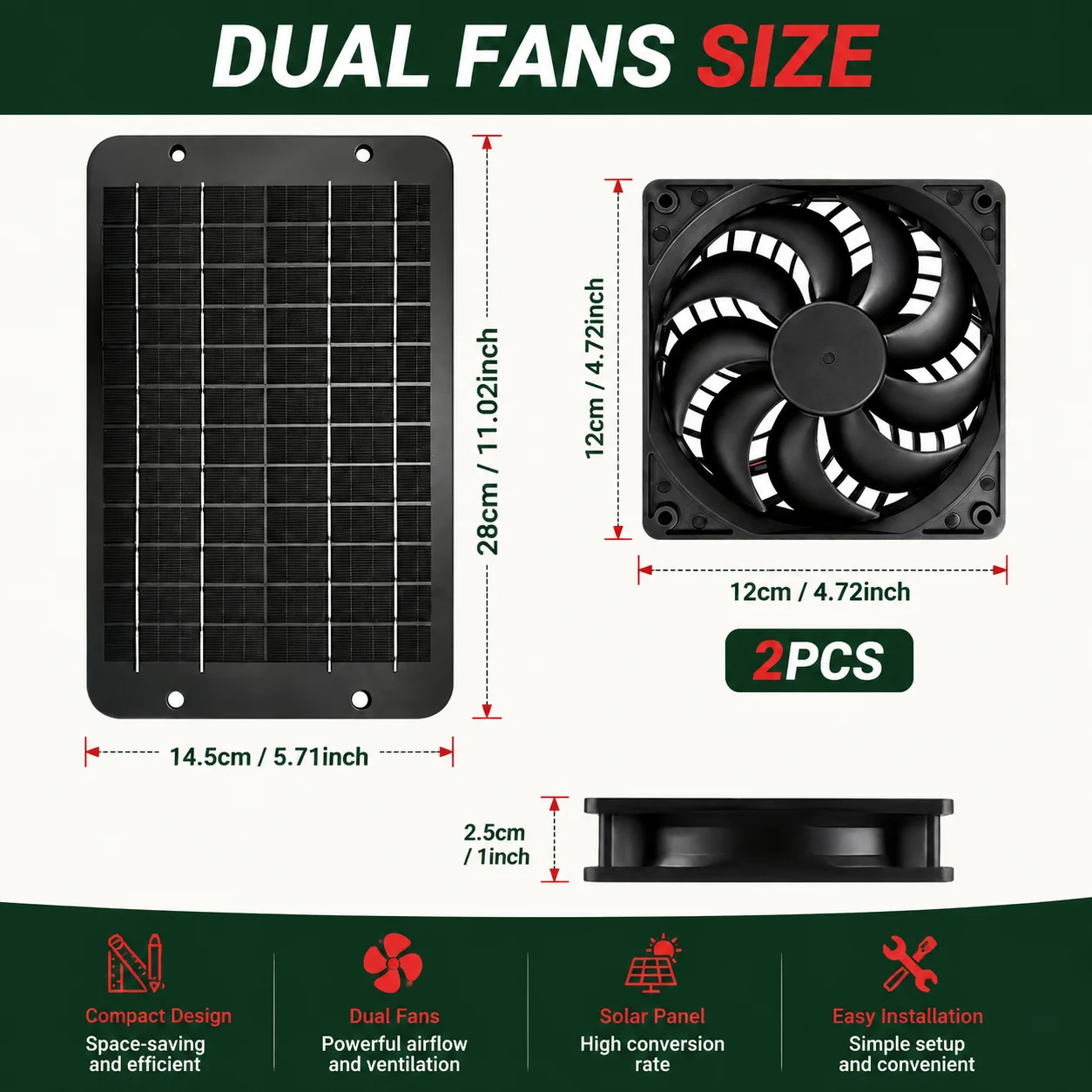 10W Dual‑Fans Solar Exhaust Fan Kit, Solar Powered Intake Outtake Cooling Ventilator for Chicken Coop Greenhouse Dog House Shed