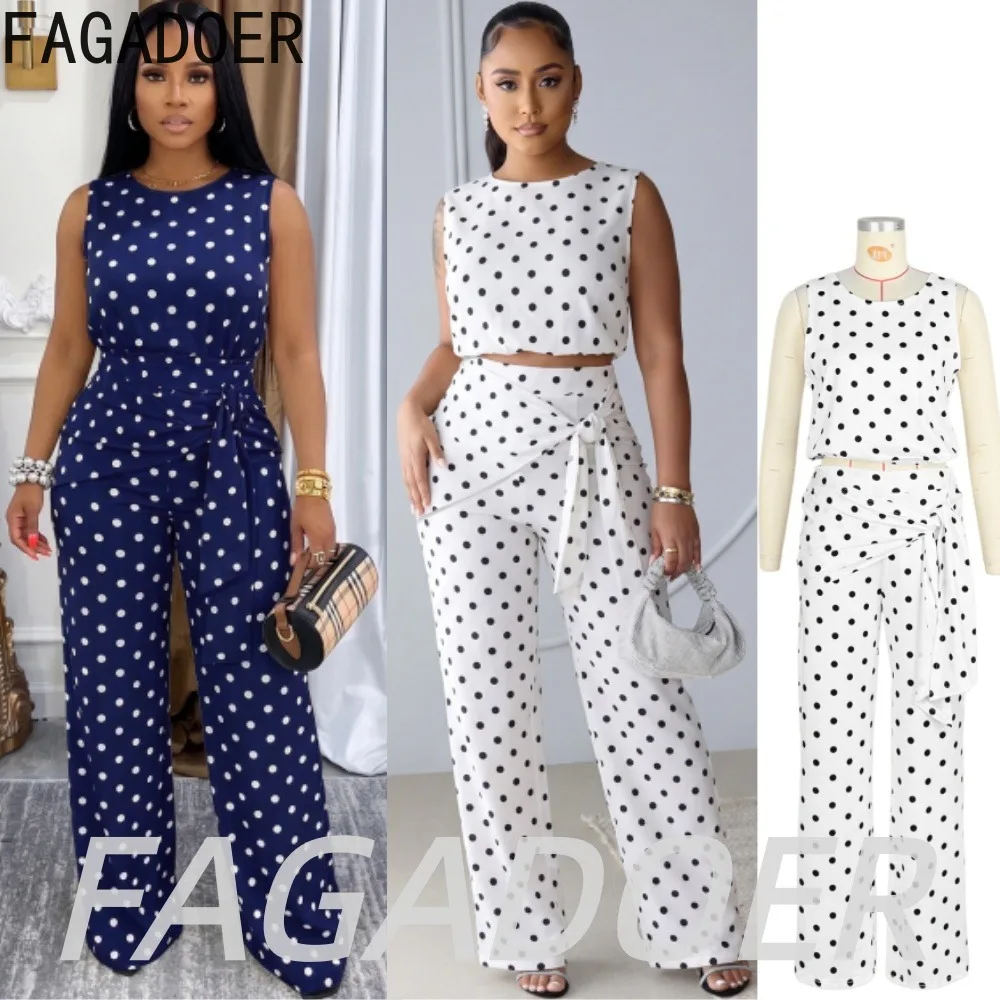 

FAGADOER Vintage Polka Dot Loose Pants Two Peice Sets Summer Women Off Shoulder Crop Top and Bandage Patchwork Pants Outfits New