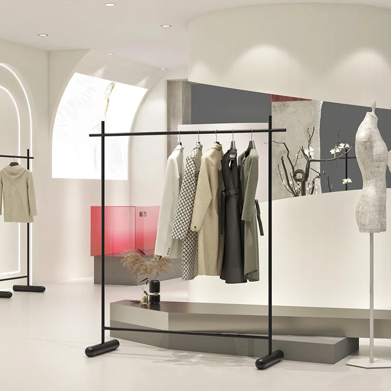 Clothing store display rack Floor rack Display middle island rack Mobile black stainless steel hanger for men's and women's