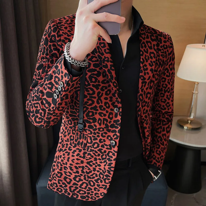 Retro Leopard Pattern Men Blazer British Suit Jacket Casual Vintage Masculino Daily Blazer Slim Hombre Chemish Homme