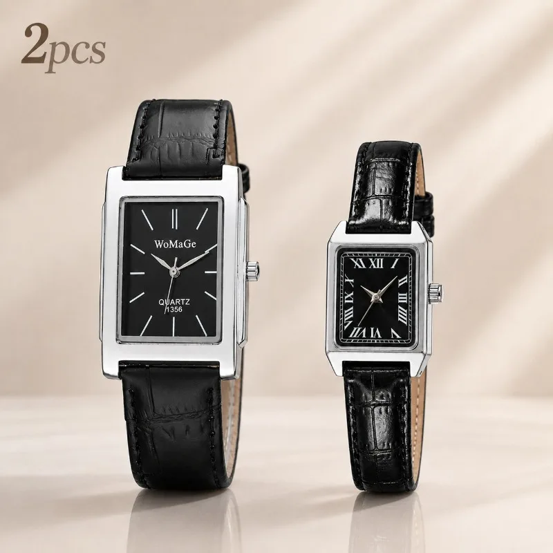 Couple Watch Set Simple Fashion Square Dial Leather Strap Quartz Wristwatch for Men Women Romantic Lover Pair Gift For Couple