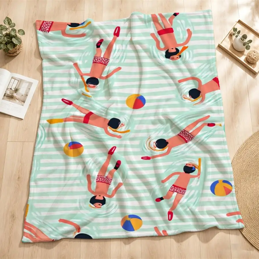 Cozy Summer Swim Flannel Throw Blanket Suitable for Couch, Bed, Travel - Soft Warm Weighted Bedspread with Aquatic Mint Stripes & Beach Patterns, Machine Washable - Blanket for,,, Office Gift, 2D Flat