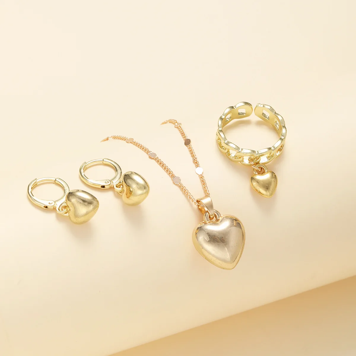 Mirror Stereo Metal Love Heart Dangle Earrings Necklace Jewelry Set For Women Simple Ring Daily Wear Outfit Accessory Wholesale