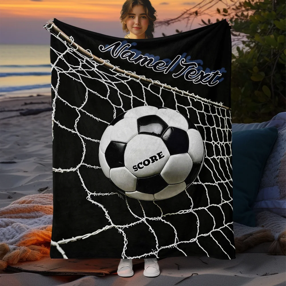Custom Soccer Blanket Goal Net Football Score Sports Design Personalized Name Fleece Throw All Season Soft Warm Bedding Home