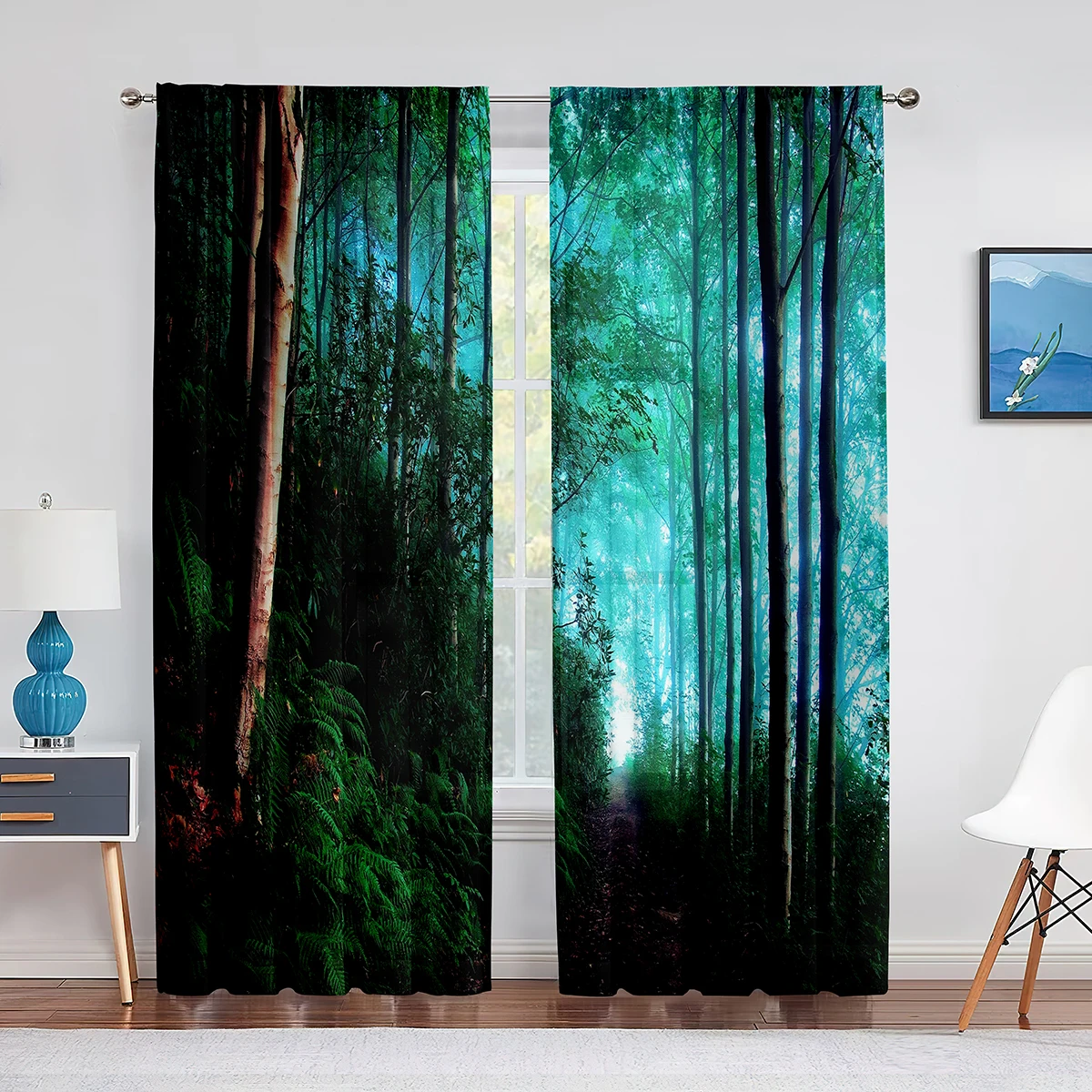 Forest Sheer Voile Curtain Nature Green Tree Stone Landscape Scenery Jungle Tulle Curtains for Bedroom Living Room Kitchen Decor